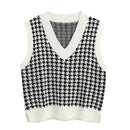 KPYTOMOA Women 2020 Fashion Oversized Houndstooth Knitted Vest Sweater Vintage Sleeveless Side Vents Female Waistcoat Chic Tops