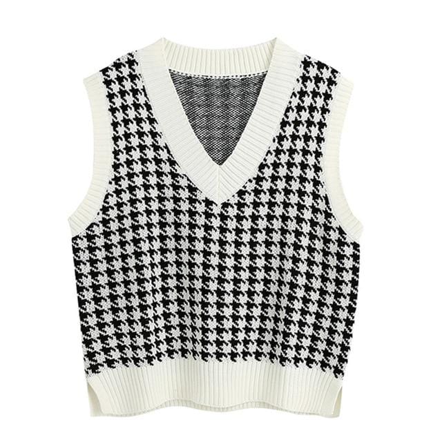 KPYTOMOA Women 2020 Fashion Oversized Houndstooth Knitted Vest Sweater Vintage Sleeveless Side Vents Female Waistcoat Chic Tops