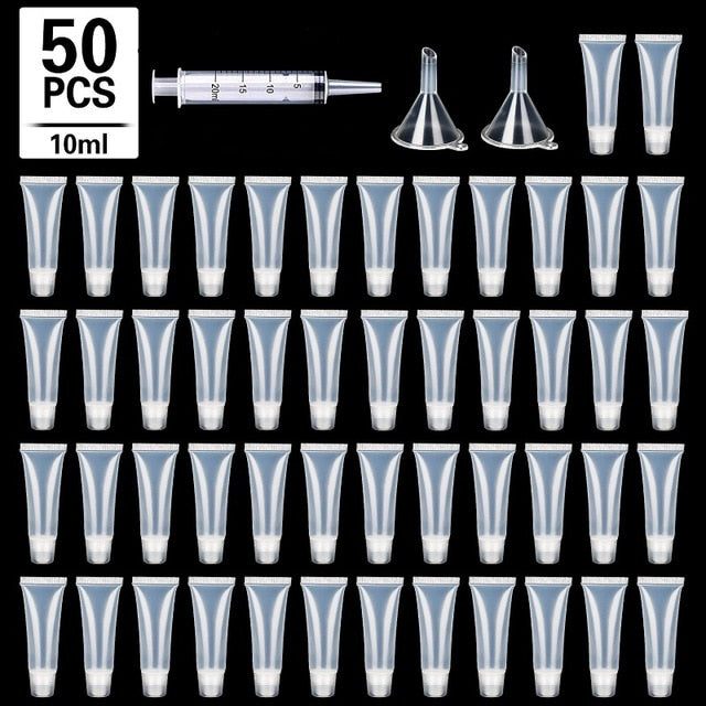 50 Pcs 10/15ml Empty Lip Gloss Tubes with  Funnels Clear Soft Lip Gloss Container Refillable Lipgloss Tubes for DIY Makeup Tool