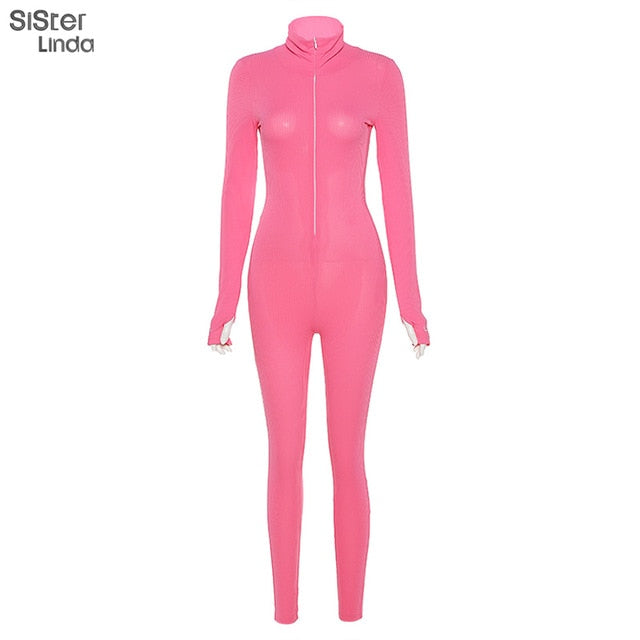 Sisterlinda Zipper Sexy Turtleneck Fitness Jumpsuit Women Full Sleeve Slim Rompers Ladies Autumn Skinny Playsuit Mujer Body Suit
