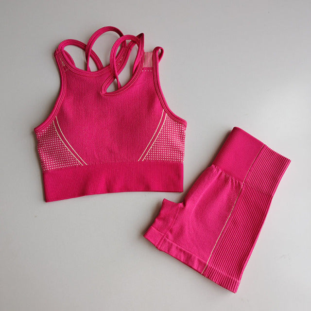 Seamless Yoga Set 2 Pcs Sports Suit Female Workout Clothes Sports Bra+High Waist Gym Shorts Running Women Sportwear