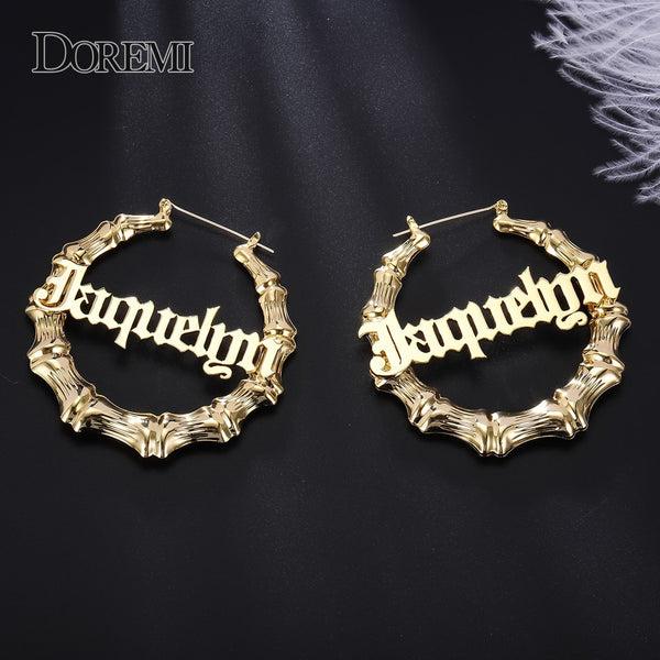 Stainless Steel Bamboo Hoop Earrings Customize Name Earrings Bamboo Style Custom Hoop Earring With Statement Words