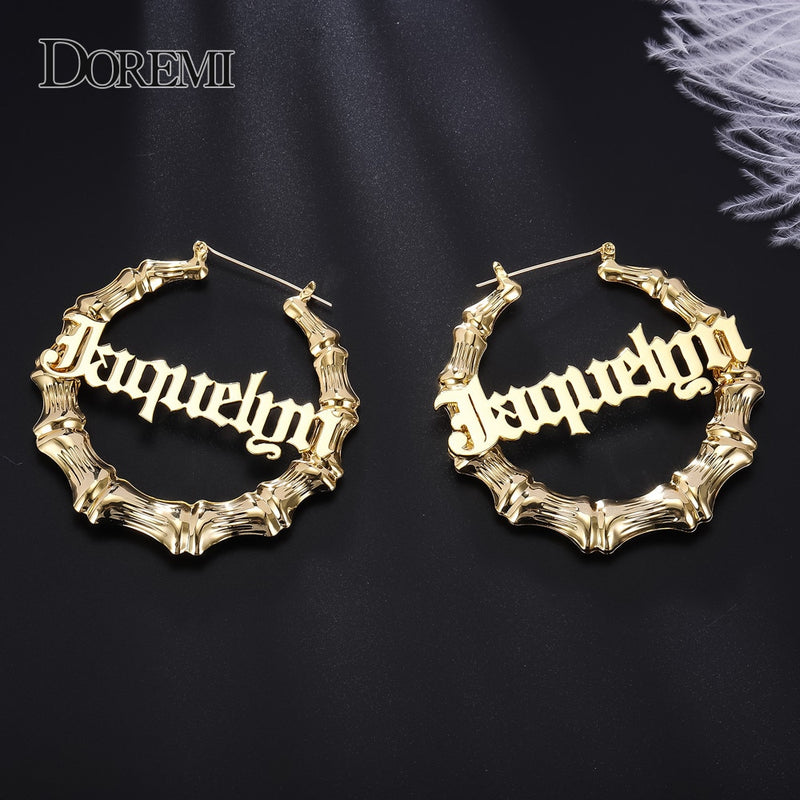 Stainless Steel Bamboo Hoop Earrings Customize Name Earrings Bamboo Style Custom Hoop Earring With Statement Words