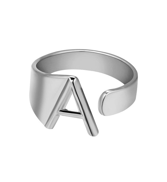 Chunky Wide Hollow A-Z Letter 3Colors Metal Adjustable Opening Ring Initials Name Alphabet Female Party Fashion Jewelry