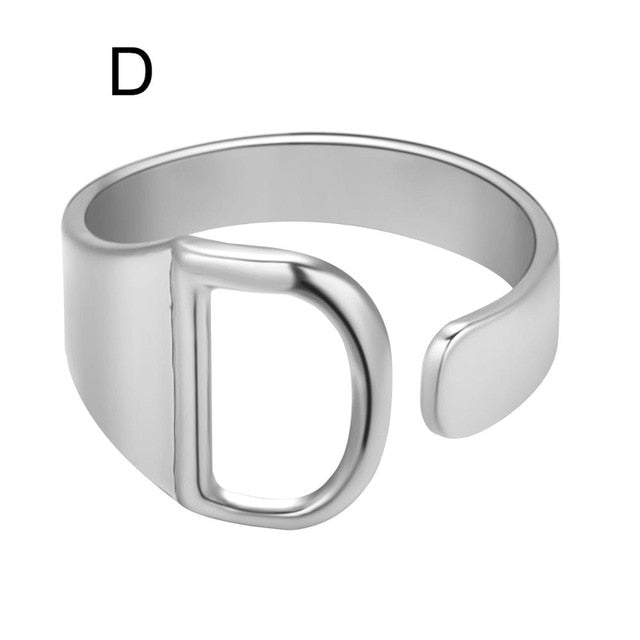 Chunky Wide Hollow A-Z Letter 3Colors Metal Adjustable Opening Ring Initials Name Alphabet Female Party Fashion Jewelry
