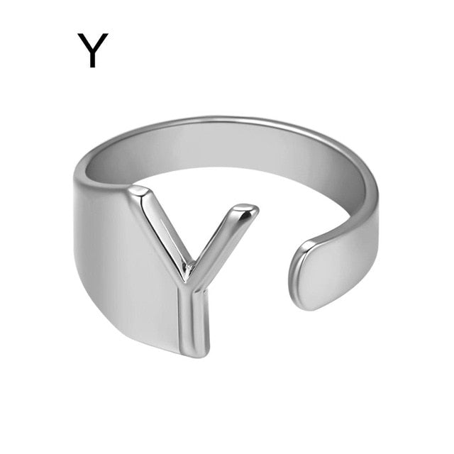 Chunky Wide Hollow A-Z Letter 3Colors Metal Adjustable Opening Ring Initials Name Alphabet Female Party Fashion Jewelry