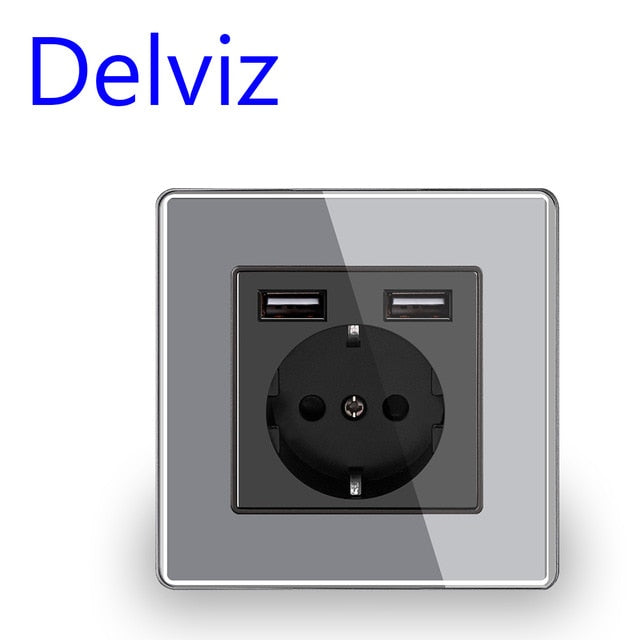 Delviz Wall USB Power Socket, Many New style Panel, Bedroom socket,AC 110V-250V 16A Wall Embedded, Double usb EU Standard Outlet