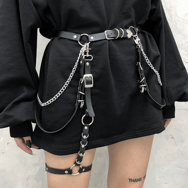 Women Skirt Belt Female Pu Leather Hiphop Rock Nightclub Sexy Jeans Dress Heart Punk Belt With Metal Waist Chain 383