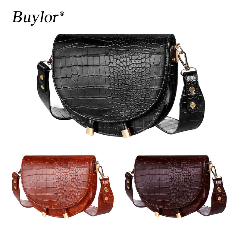 Buylor Women Luxury Shoulder Bags Crocodile Pattern Handbag Female Crossbody Bag Half Round PU Leather Messenger Bag
