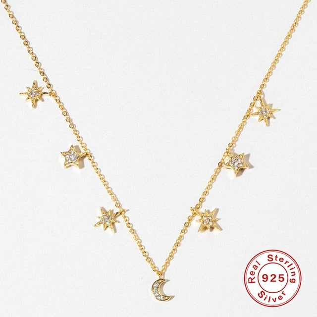 CANNER Stars Moon Real 925 Sterling Silver Necklace For Women 2020 Jewelry Pearl Fancy Diamond Chain Choker Necklace Bijoux