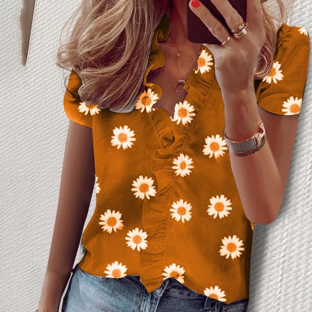 Elegant Boho Floral Print Slim Shirt Office Lady Retro Tops Women Casual Short Sleeve Sexy V-neck Ruffles Blouse 2020 Summer