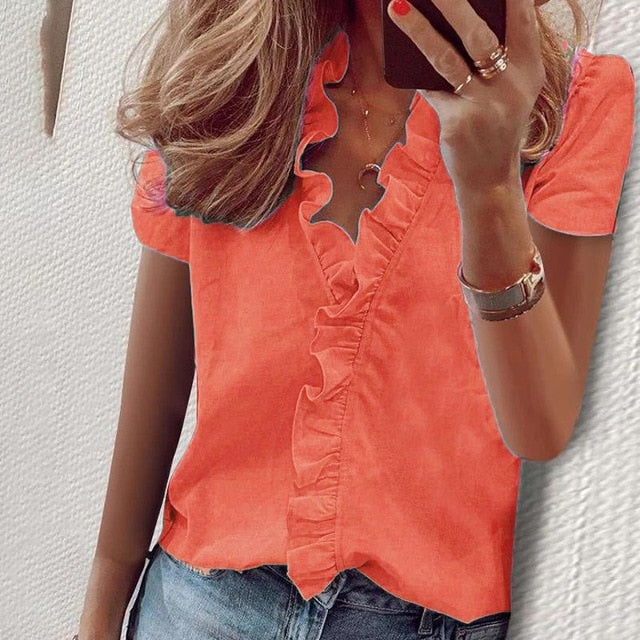 Elegant Boho Floral Print Slim Shirt Office Lady Retro Tops Women Casual Short Sleeve Sexy V-neck Ruffles Blouse 2020 Summer