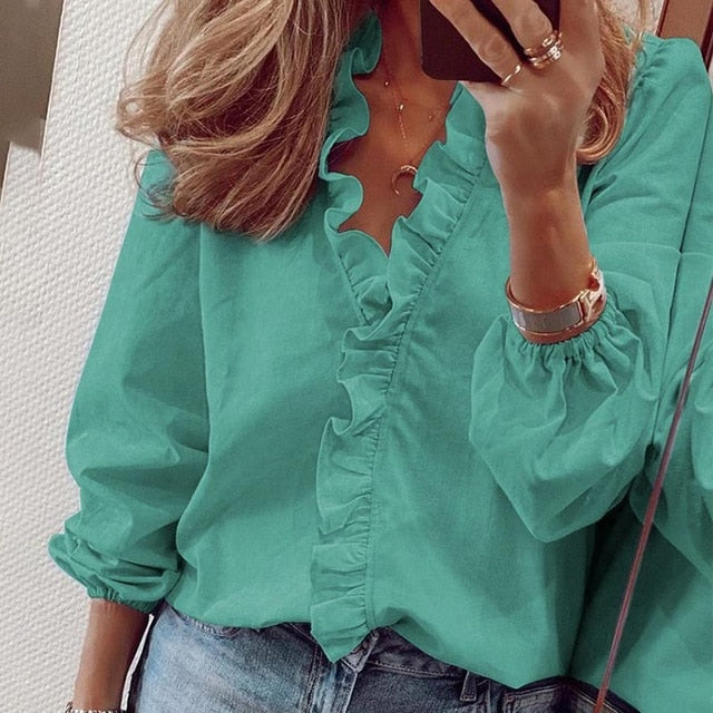 Elegant Boho Floral Print Slim Shirt Office Lady Retro Tops Women Casual Short Sleeve Sexy V-neck Ruffles Blouse 2020 Summer
