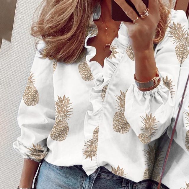 Elegant Boho Floral Print Slim Shirt Office Lady Retro Tops Women Casual Short Sleeve Sexy V-neck Ruffles Blouse 2020 Summer