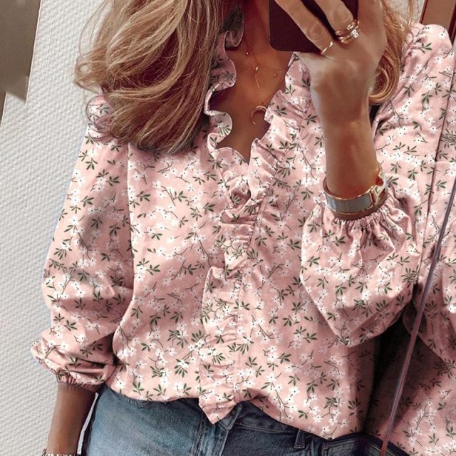 Elegant Boho Floral Print Slim Shirt Office Lady Retro Tops Women Casual Short Sleeve Sexy V-neck Ruffles Blouse 2020 Summer
