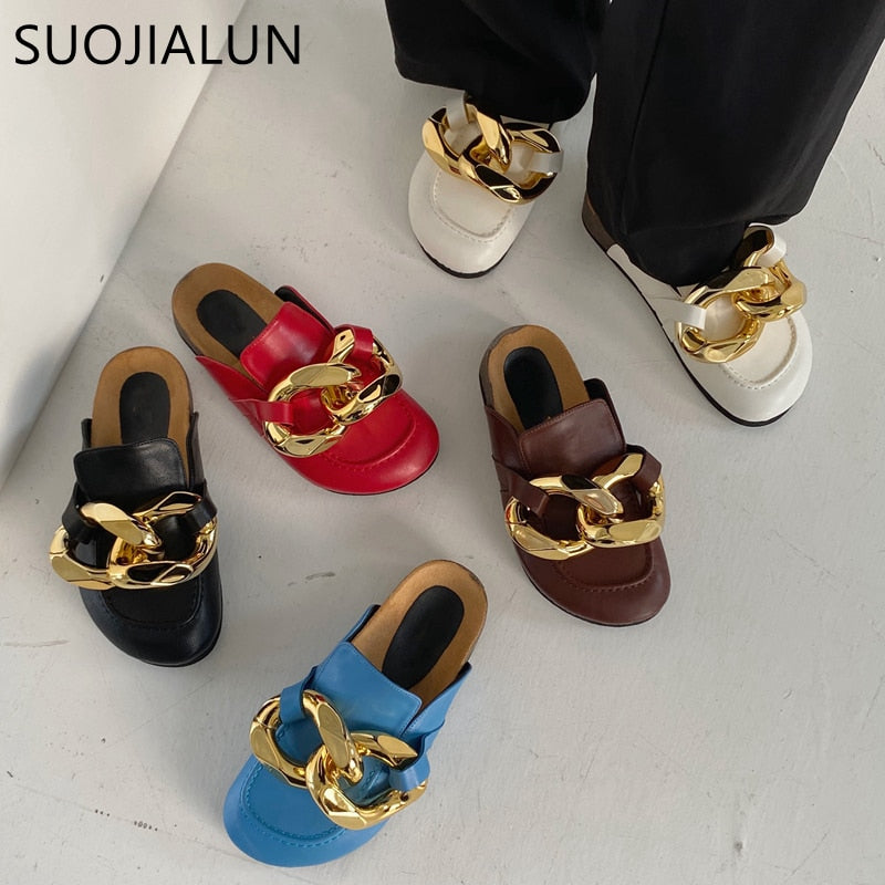 SUOJIALUN  New Brand Design Gold Chain Women Slipper Closed Toe Slip On Mules Shoes Round Toe Low Heels Casual Slides Flip Flop