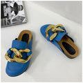 SUOJIALUN  New Brand Design Gold Chain Women Slipper Closed Toe Slip On Mules Shoes Round Toe Low Heels Casual Slides Flip Flop