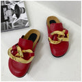 SUOJIALUN  New Brand Design Gold Chain Women Slipper Closed Toe Slip On Mules Shoes Round Toe Low Heels Casual Slides Flip Flop