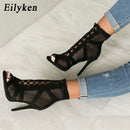 Eilyken 2021 Fashion Black Summer Sandals Lace Up Cross-tied Peep Toe High Heel Ankle Strap Net Surface Hollow Out Sandals
