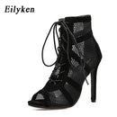 Eilyken 2021 Fashion Black Summer Sandals Lace Up Cross-tied Peep Toe High Heel Ankle Strap Net Surface Hollow Out Sandals