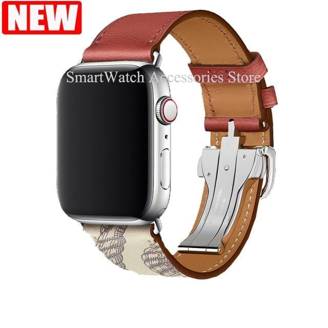 Herm Logo Leather Single Tour Deployment Buckle Watch Band for Apple Watch Series 6 5 4 3 2 144MM 40MM Strap for iWatch Bracelet