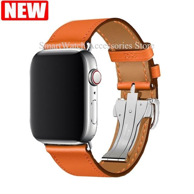 Herm Logo Leather Single Tour Deployment Buckle Watch Band for Apple Watch Series 6 5 4 3 2 144MM 40MM Strap for iWatch Bracelet