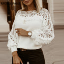 Solid Guipure Lace Lantern Sleeve Sweater  Long Sleeve Sweater Women Top