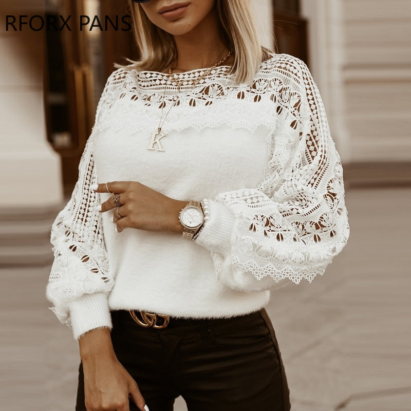 Solid Guipure Lace Lantern Sleeve Sweater  Long Sleeve Sweater Women Top