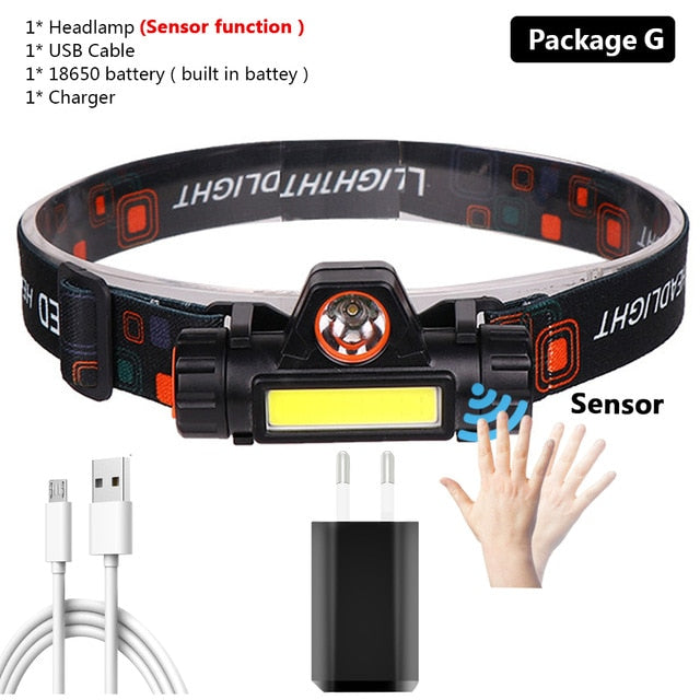 Sensor XP-G Q5 Headlamp Head Lamp Headlight Waterproof 2500lm Cob Led Built in Usb Rechargeable 18650 Battery Working Light 5w