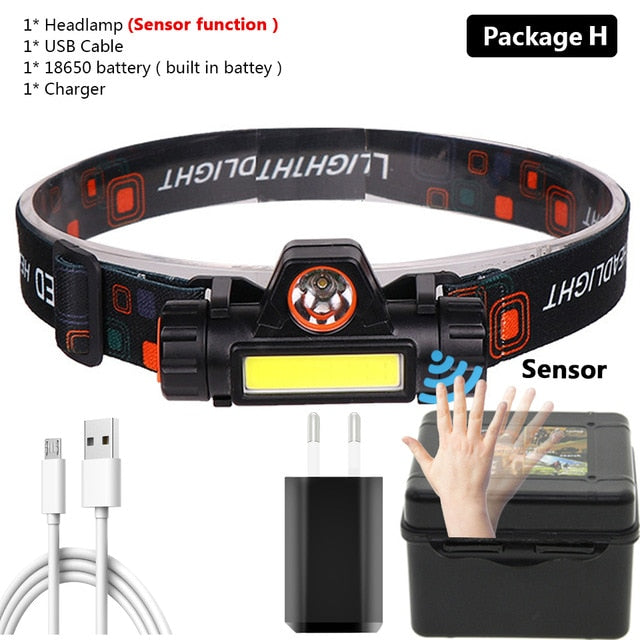 Sensor XP-G Q5 Headlamp Head Lamp Headlight Waterproof 2500lm Cob Led Built in Usb Rechargeable 18650 Battery Working Light 5w