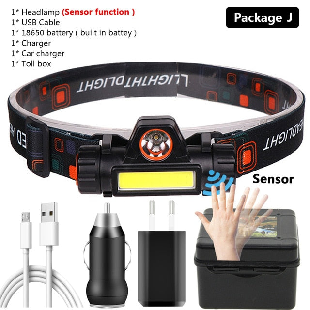 Sensor XP-G Q5 Headlamp Head Lamp Headlight Waterproof 2500lm Cob Led Built in Usb Rechargeable 18650 Battery Working Light 5w