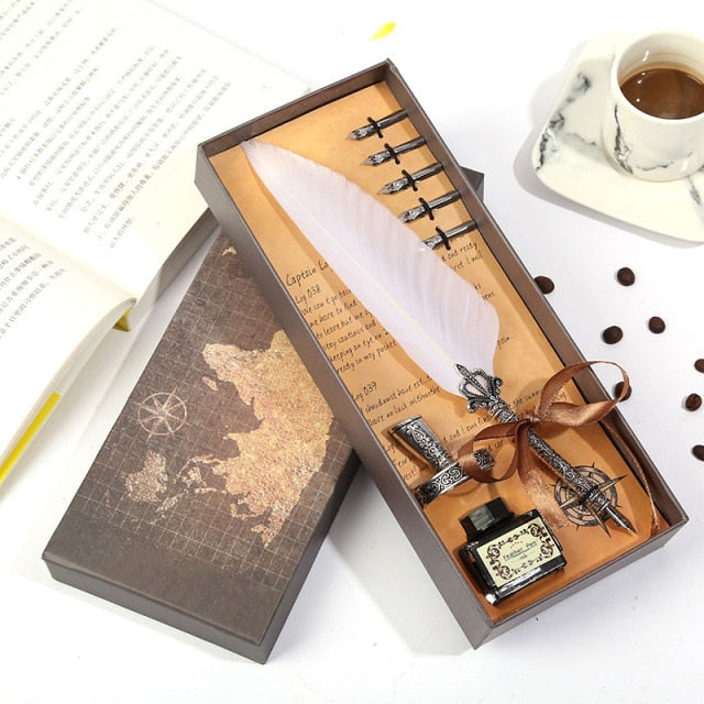 1set Retro Vintage Calligraphy Feather Dip Pen Writing Ink Set Stationery Quill Fountain Pens Creative Vintage Pen Dropshipping