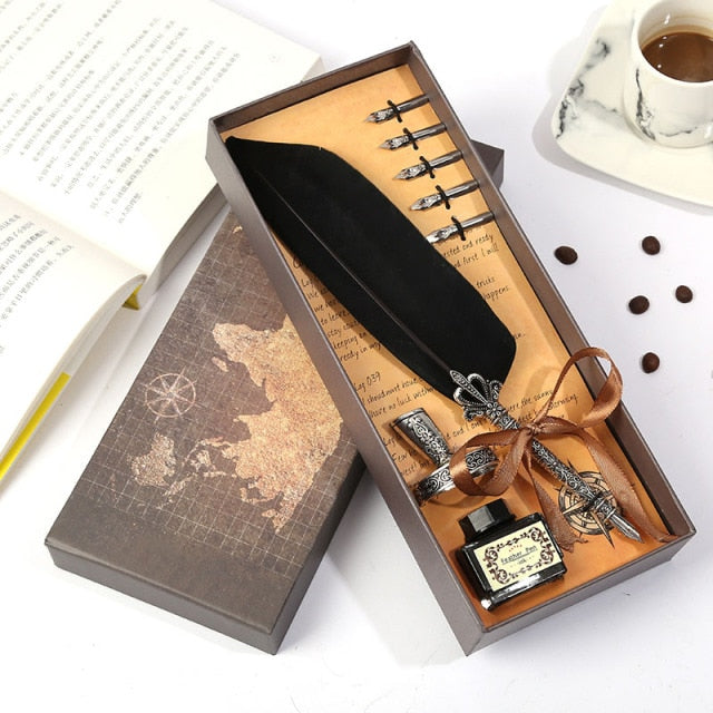 1set Retro Vintage Calligraphy Feather Dip Pen Writing Ink Set Stationery Quill Fountain Pens Creative Vintage Pen Dropshipping