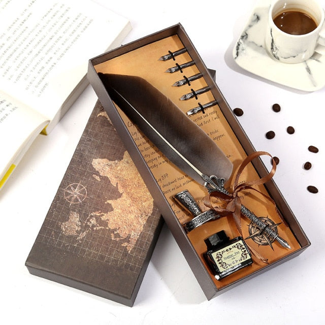 1set Retro Vintage Calligraphy Feather Dip Pen Writing Ink Set Stationery Quill Fountain Pens Creative Vintage Pen Dropshipping