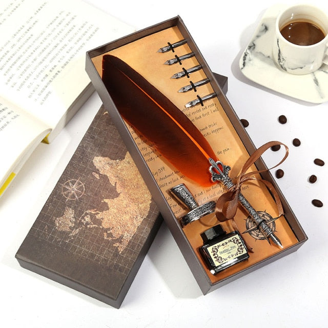 1set Retro Vintage Calligraphy Feather Dip Pen Writing Ink Set Stationery Quill Fountain Pens Creative Vintage Pen Dropshipping