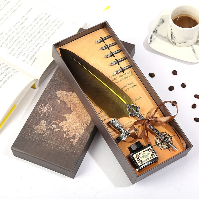 1set Retro Vintage Calligraphy Feather Dip Pen Writing Ink Set Stationery Quill Fountain Pens Creative Vintage Pen Dropshipping
