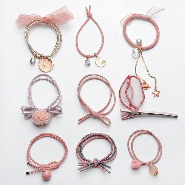 8/9/12/16/25PCS Pure and Fresh Sweet starry sky Series Maiden Elastic Hair Bands Ribbon Flowers Pentagram Rabbit ears Hair Clips