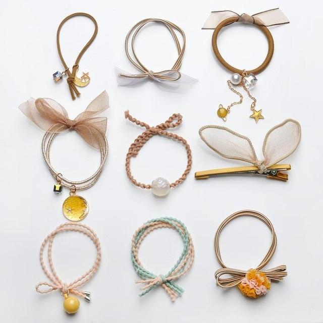 8/9/12/16/25PCS Pure and Fresh Sweet starry sky Series Maiden Elastic Hair Bands Ribbon Flowers Pentagram Rabbit ears Hair Clips