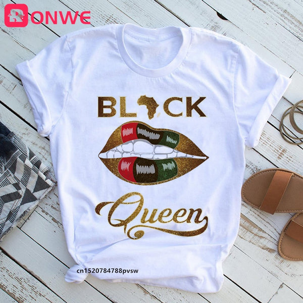 Women Beautiful African White Funny Print T shirt Girl Black Queen Lip Harajuku 90s Clothes,Drop Ship