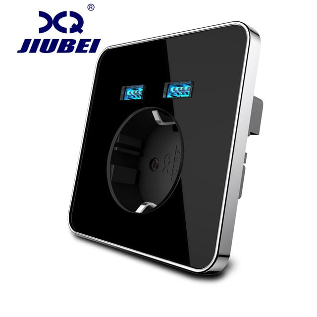 Jiubei  White Crystal Glass Panel 2A Dual USB Port Wall Charger Adapter Charging Socket With USB Wall Adapter EU Plug Socket Pow