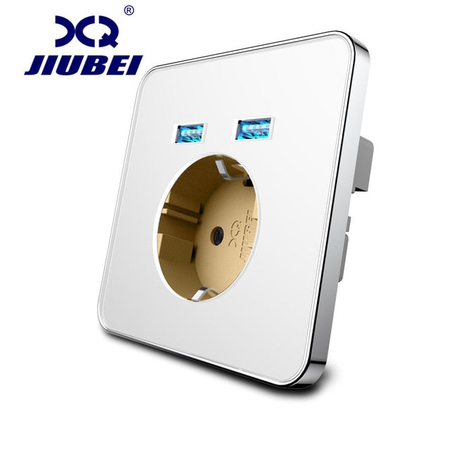 Jiubei  White Crystal Glass Panel 2A Dual USB Port Wall Charger Adapter Charging Socket With USB Wall Adapter EU Plug Socket Pow