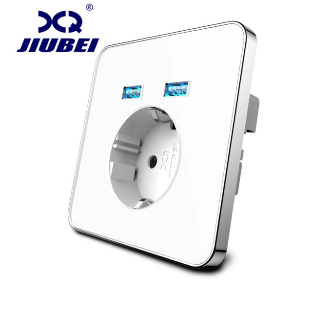 Jiubei  White Crystal Glass Panel 2A Dual USB Port Wall Charger Adapter Charging Socket With USB Wall Adapter EU Plug Socket Pow