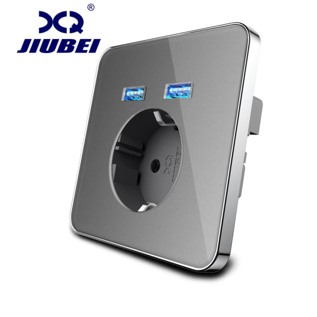 Jiubei  White Crystal Glass Panel 2A Dual USB Port Wall Charger Adapter Charging Socket With USB Wall Adapter EU Plug Socket Pow