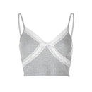 Lace Patchwork Ribbed Y2K Top Women Summer Sexy Backless V-neck Short Camisole Casual Spaghetti Strap Solid Camis Cuteandpsycho