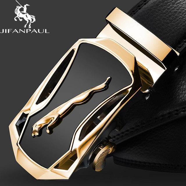 JIFANPAUL genuine leather men's simple belt fashion designer business new belt Jaguar pattern decorative alloy automatic buckle