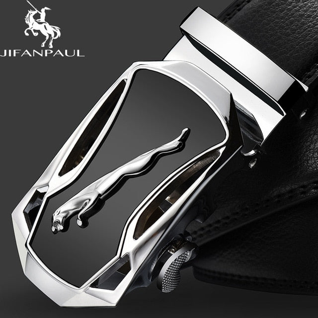 JIFANPAUL genuine leather men's simple belt fashion designer business new belt Jaguar pattern decorative alloy automatic buckle