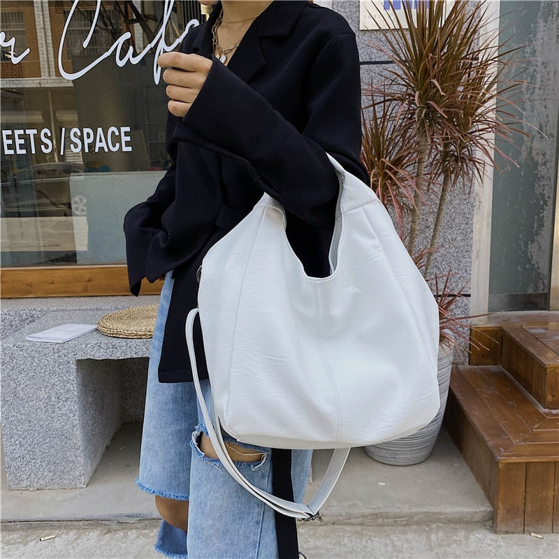 White Leather Women Half Moon Bags Large Capacity Hobo Shopper Bag Quality Soft PU Crossbody Bag Casual Korean Female Tote Bags