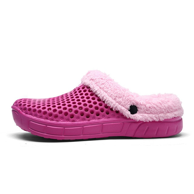 PULOMIES Men and Women Winter Slippers Fur Slippers Warm Fuzzy Plush Garden Clogs Mules Slippers Home Indoor Couple Slippers