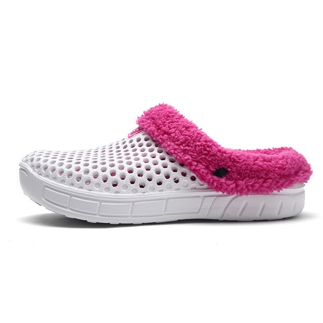 PULOMIES Men and Women Winter Slippers Fur Slippers Warm Fuzzy Plush Garden Clogs Mules Slippers Home Indoor Couple Slippers