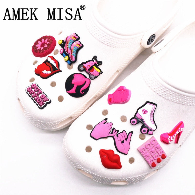 Original Shoe Charms Pink Roller Skates Girl Boxing Gloves Lips High heels Shoe Decoration Accessories for Croc jibz Kids Party